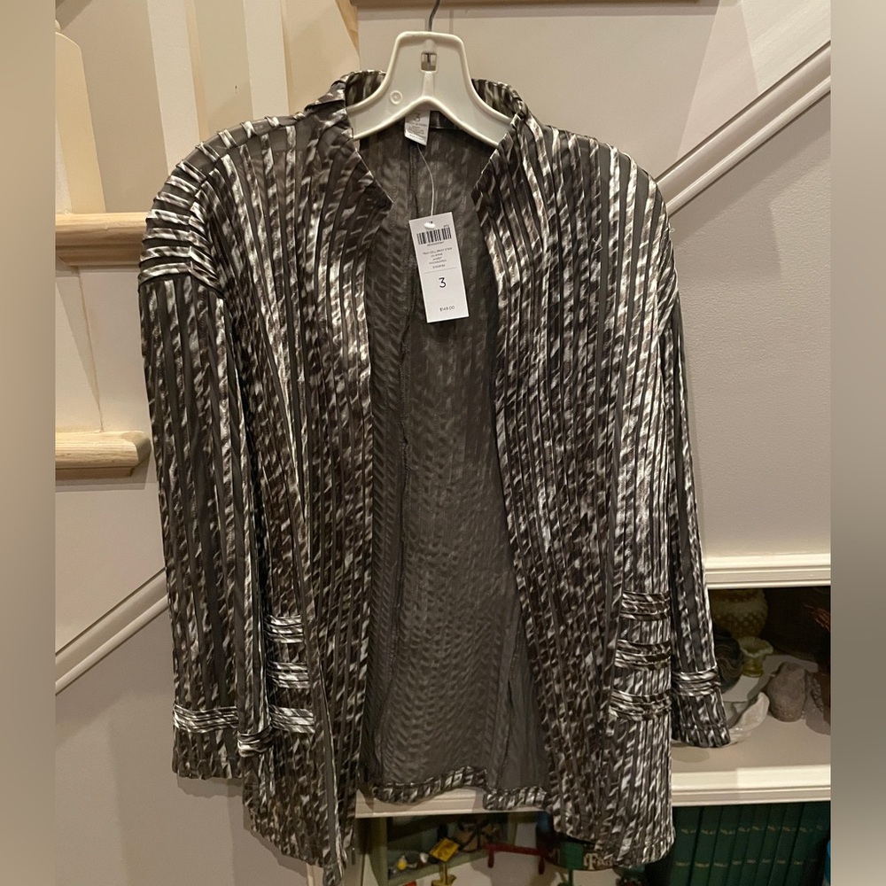 Chico’s jacket - size 3.  Stripes of sheer fabric and pretty neutral fabric.